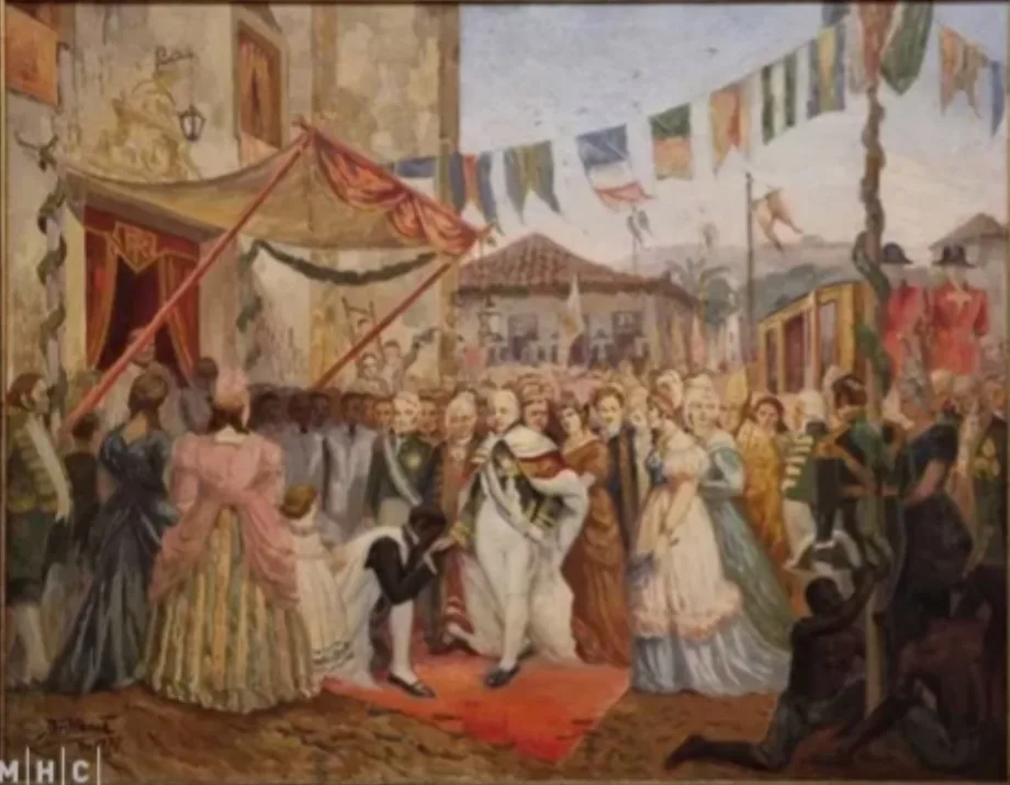Pintura de Armando Vianna mostrando a chegada do príncipe regente D. João à Igreja do Rosário, no Rio