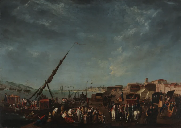 Pintura do embarque da família real portuguesa no cais de Belém, em Lisboa, em 1807