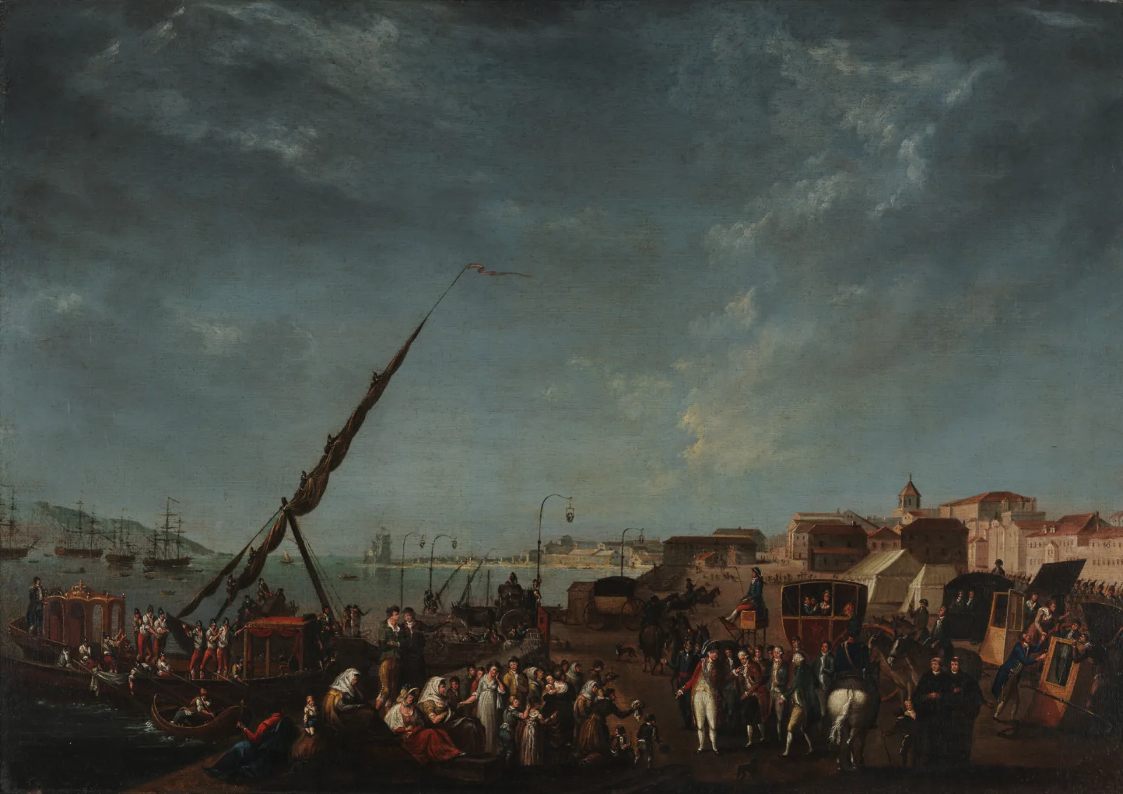 Pintura do embarque da família real portuguesa no cais de Belém, em Lisboa, em 1807