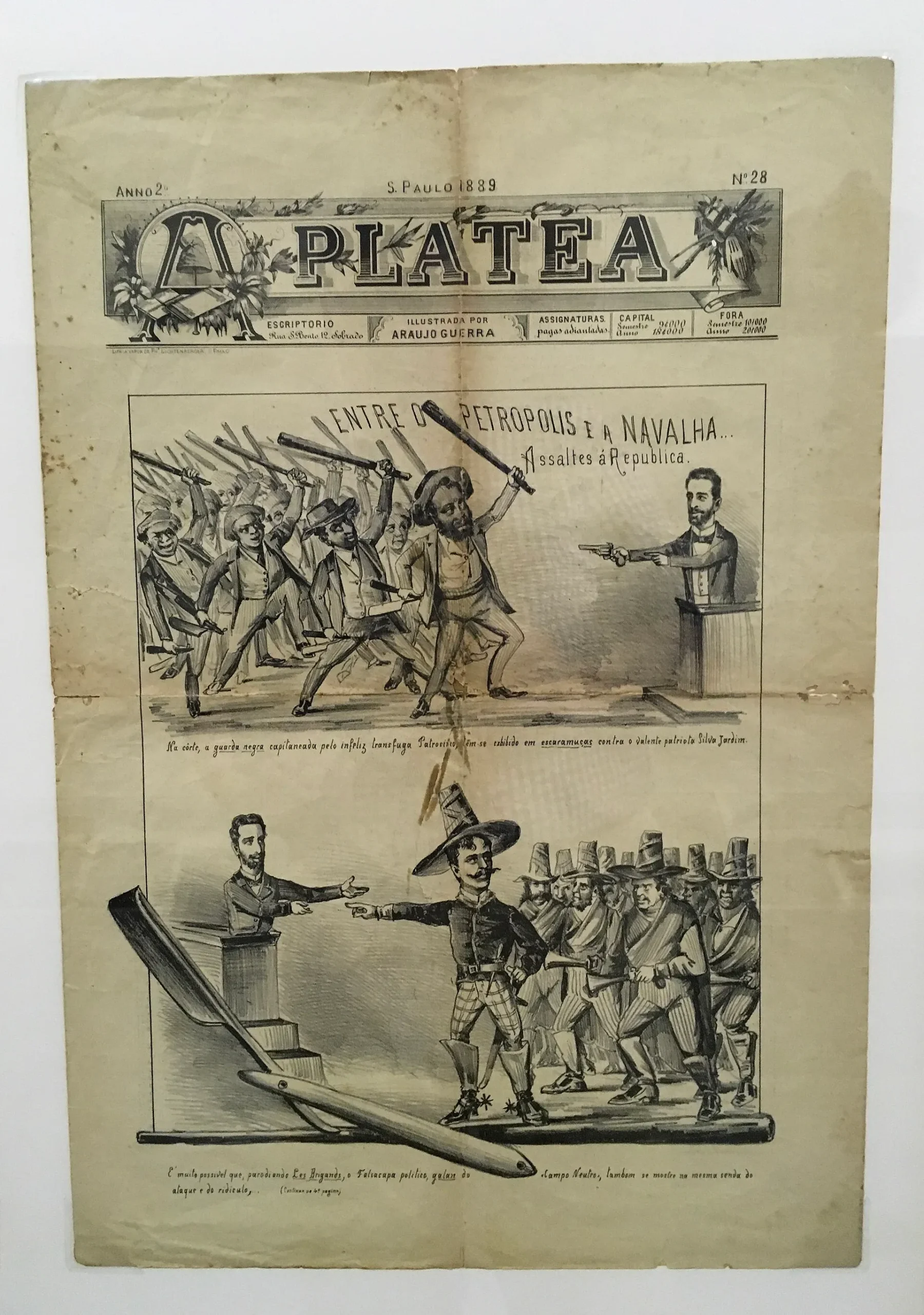 Capa de jornal ilustrado de 1889 com caricaturas do republicano Silva Jardim discursando enquanto é ameaçado por adversários armados