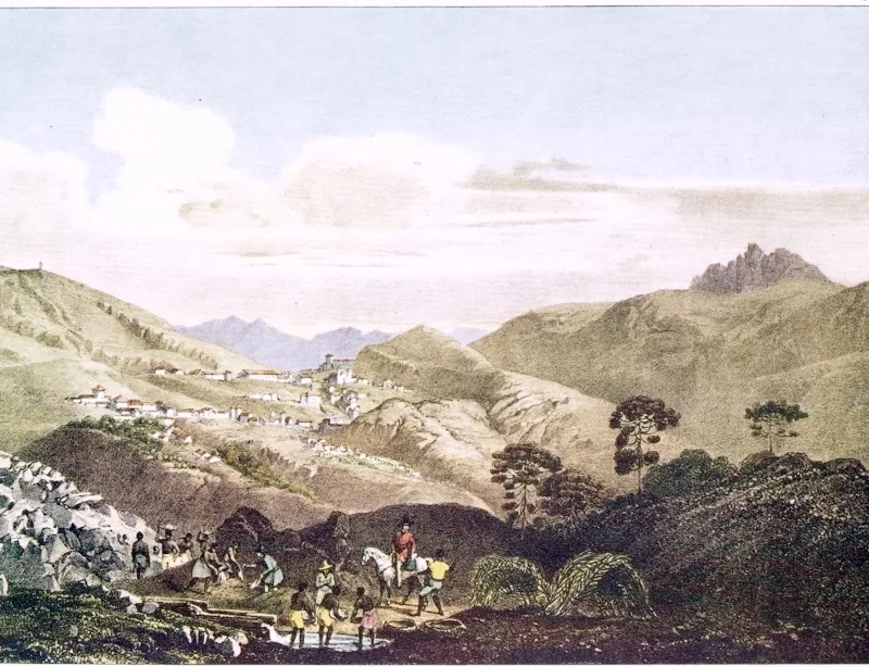 Gravura de Vila Rica, atual Ouro Preto, por Johann Moritz Rugendas no século XIX